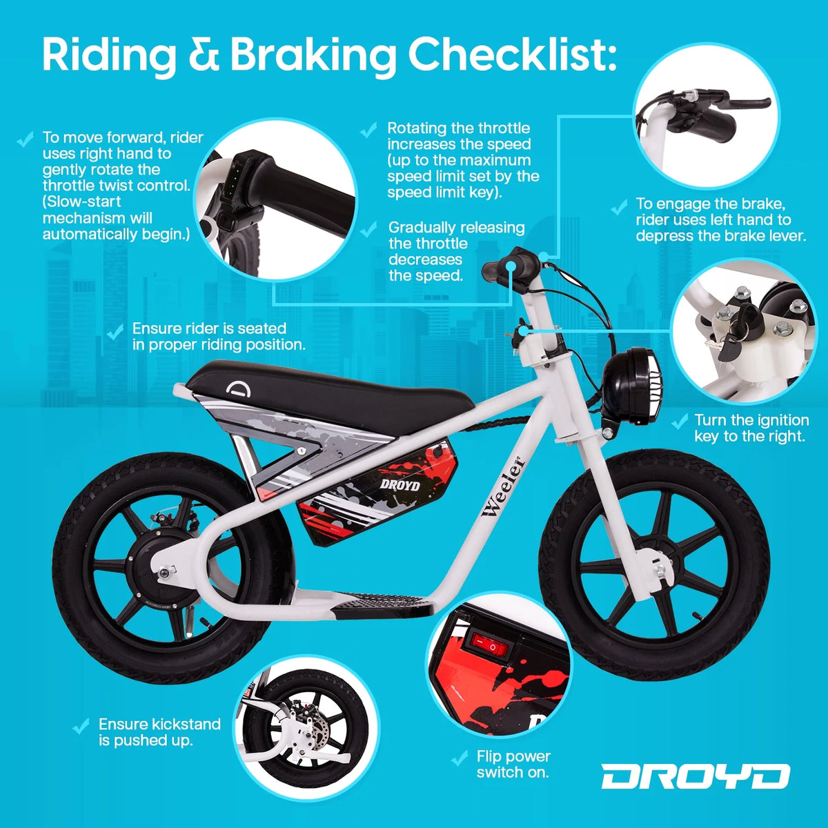 Droyd Weeler Electric Mini Bike - 24V 8ah Battery, 6 - 10 MPH, up to 8 Miles, LED Lights, Kids Ages 6+
