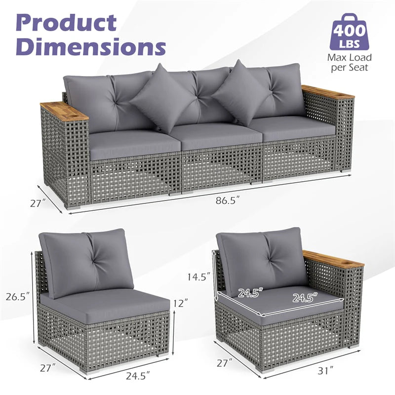 86.5" 3-Seat Patio Wicker Sofa, 3PCS Modular PE Rattan Sectional Furniture Set with Cup Holders & Wood Armrests, Outdoor Couch for Garden Yard