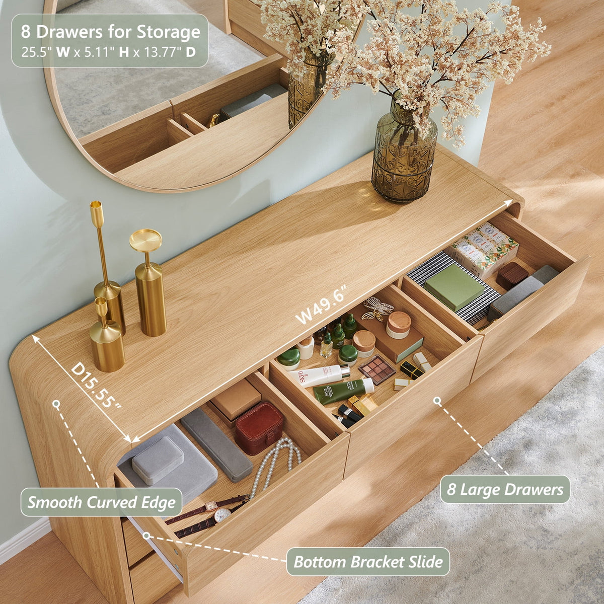 Wow97e Modern 8 Drawers Dresser for Bedroom, 55" Wide Wood Chest of Drawers W/Curved Profile Design, for Bedroom, Living Room, Natural Oak