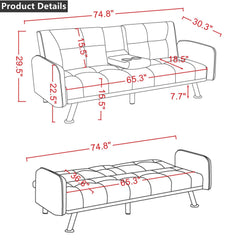 Aukfa 75" Square Arm Futon Convertible Sofa Bed for Home Office, 2 Cup Holders, Linen, Dark Gray