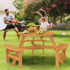 6-Person Round Wood Picnic Table Set with 3 Built-in Benches & 2" Umbrella Hole, Holds 1850 LBS, Outdoor Dining Table & Bench for Patio Garden
