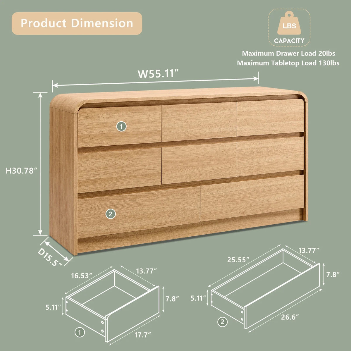 Wow97e Modern 8 Drawers Dresser for Bedroom, 55" Wide Wood Chest of Drawers W/Curved Profile Design, for Bedroom, Living Room, Natural Oak