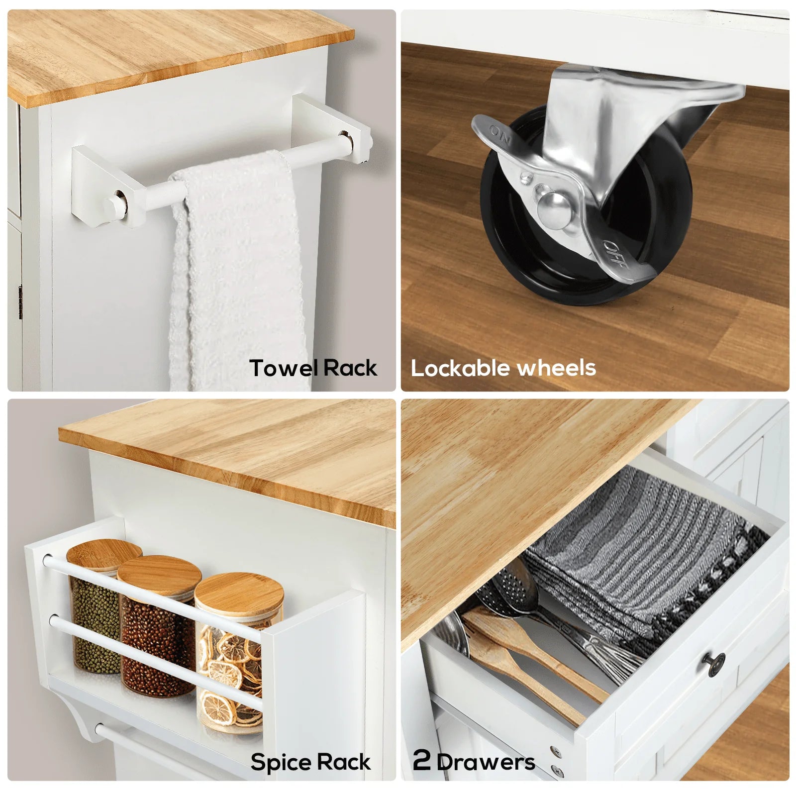 Richya Kitchen Island with Storage, Rolling Kitchen Cart with Lockable Wheels, Rubber Wood Tabletop Kitchen Island Table for Kitchen, Living Room, White