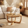 Round Wood Coffee Table with Glass Rattan Top, Wooden Circle Center Table with Curved Legs & Removeable Tempered Glasstop, Cocktail Table for Living Room, Light Brown 32.28" x 18.15"