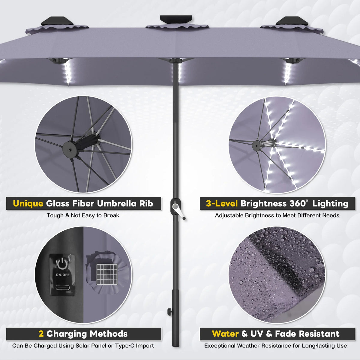 AECOJOY 15ft Patio Double-Sided Umbrella, 156 PCS Solar LED Light Outdoor Large Umbrella, Dark Grey