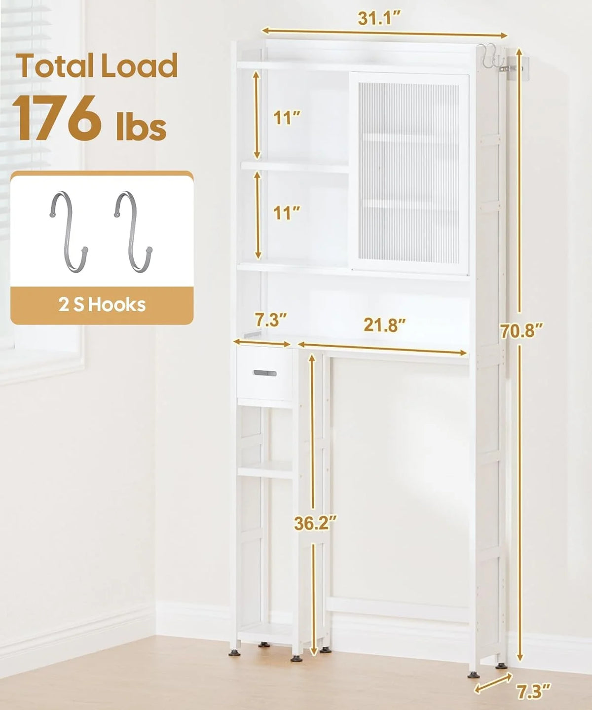 Over the Toilet Storage Cabinet with Acrylic Door Panel and Paper Towel Drawer, Bamboo Space Saver Shelf, Bathroom Organizer Rack Above WC (without Power Strip, White)