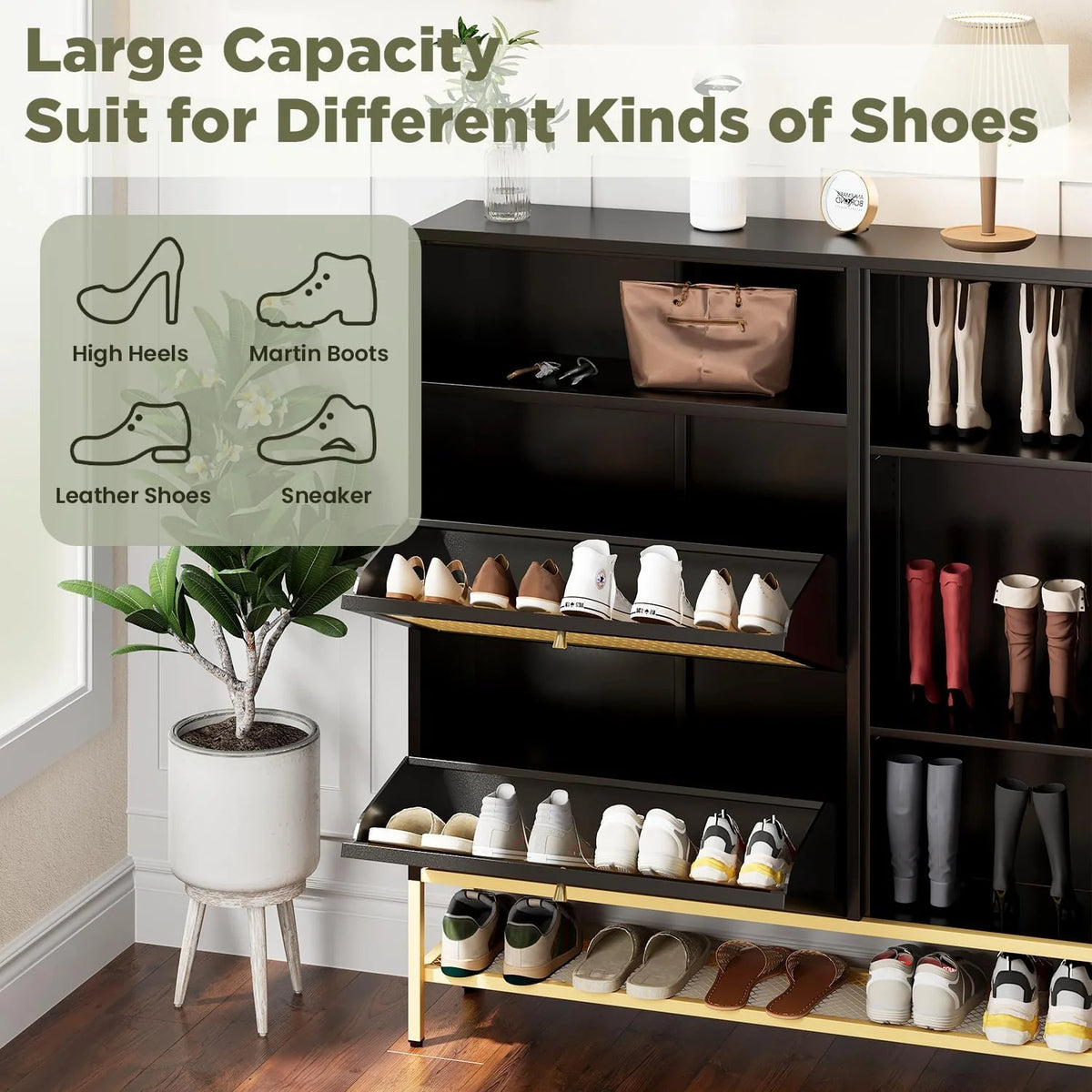 AECOJOY Shoe Storage Cabinet with 2 Flip Drawers - Hidden Shoe Organizer for Entryway, Metal Shoe Rack with Door & Open Storage