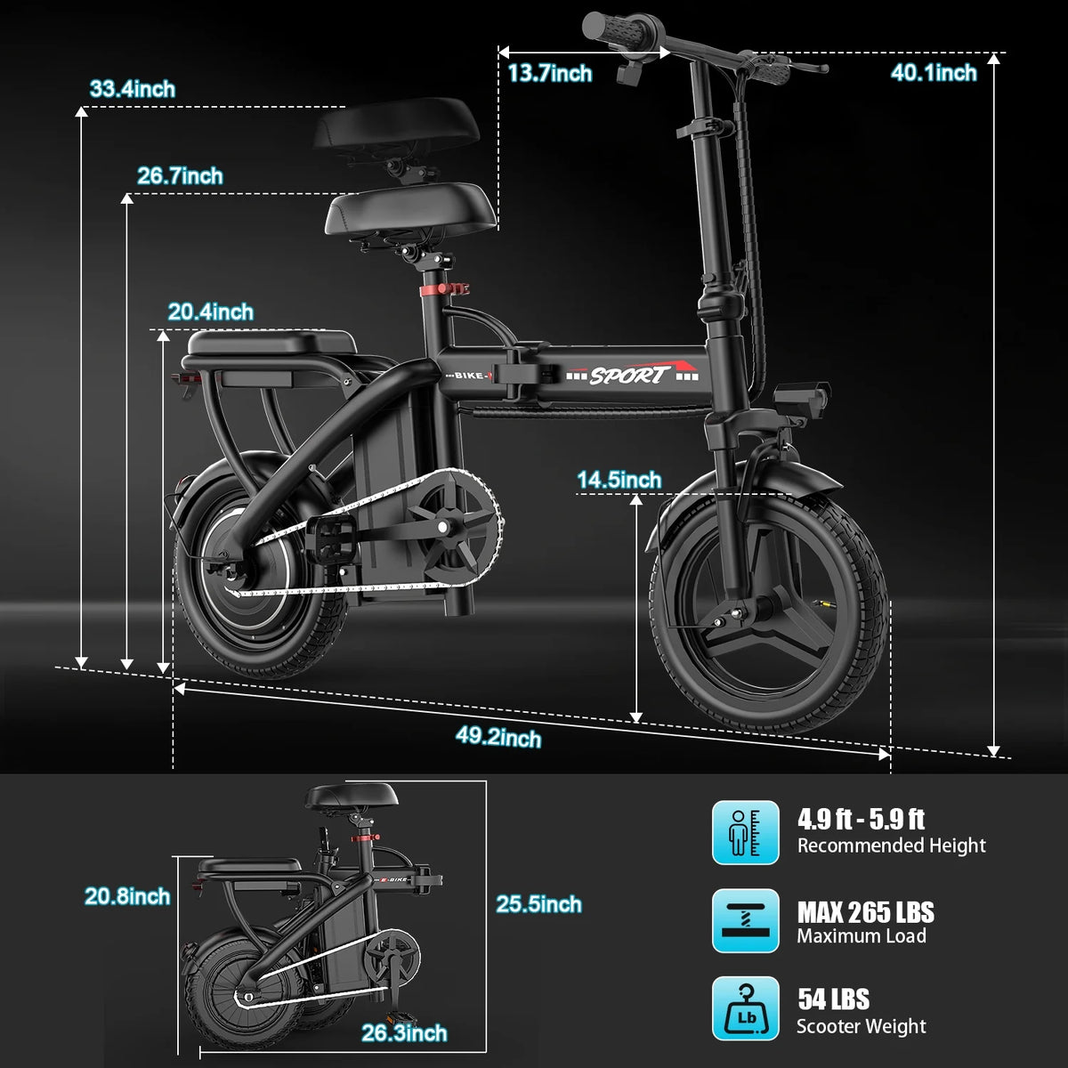 ASKGO Z6 14" Electric Bike 1200W Motor, 48V/10AH E - Mountain Bike, Folding Electric Bicycle for Adult with Two Seats UL2849, Unisex, Pedal - Assist