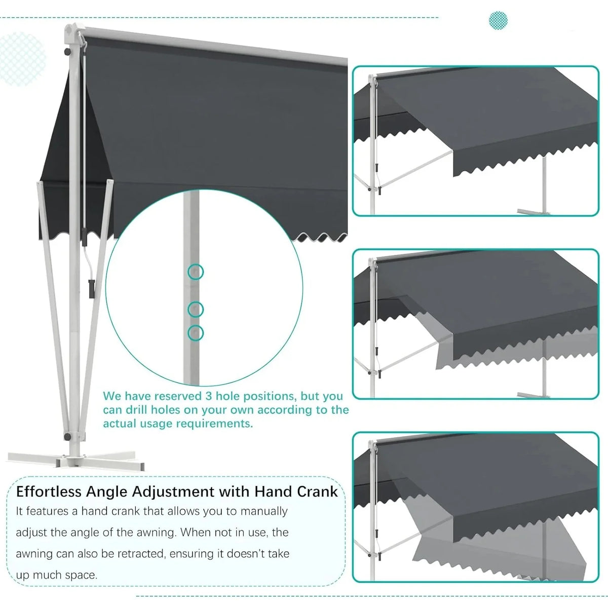 AECOJOY Free Standing Retractable Awning, 13'x10' Dual Side Patio Awnings Outdoor Manual Sun Shade Shelter, Dark Grey