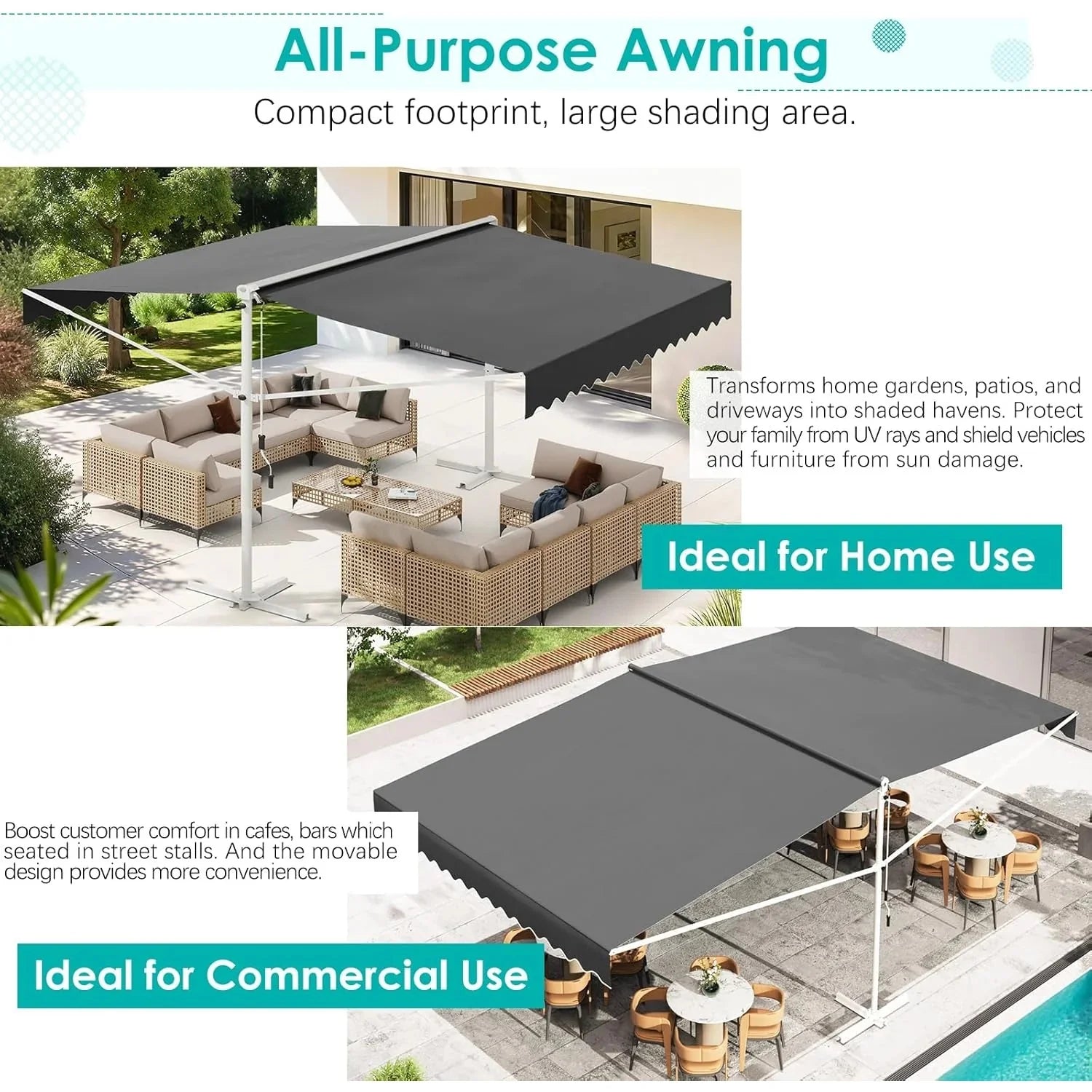 AECOJOY Free Standing Retractable Awning, 13'x10' Dual Side Patio Awnings Outdoor Manual Sun Shade Shelter, Dark Grey