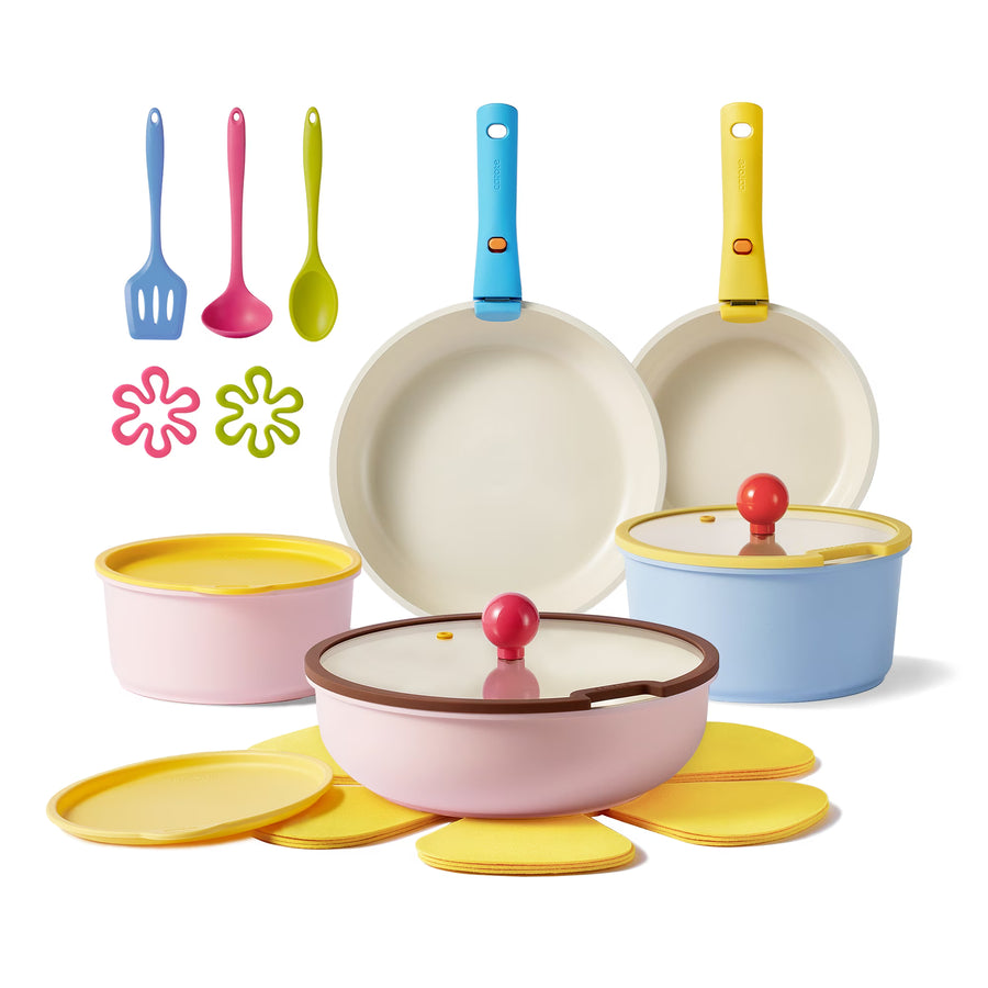 Carote 20 Pcs Ceramic Nonstick Cookware Set, Pots and Pans Set with Detachable Handles, Oven/Dishwasher Safe, Stackable Kitchen Cooking Set, Colorful