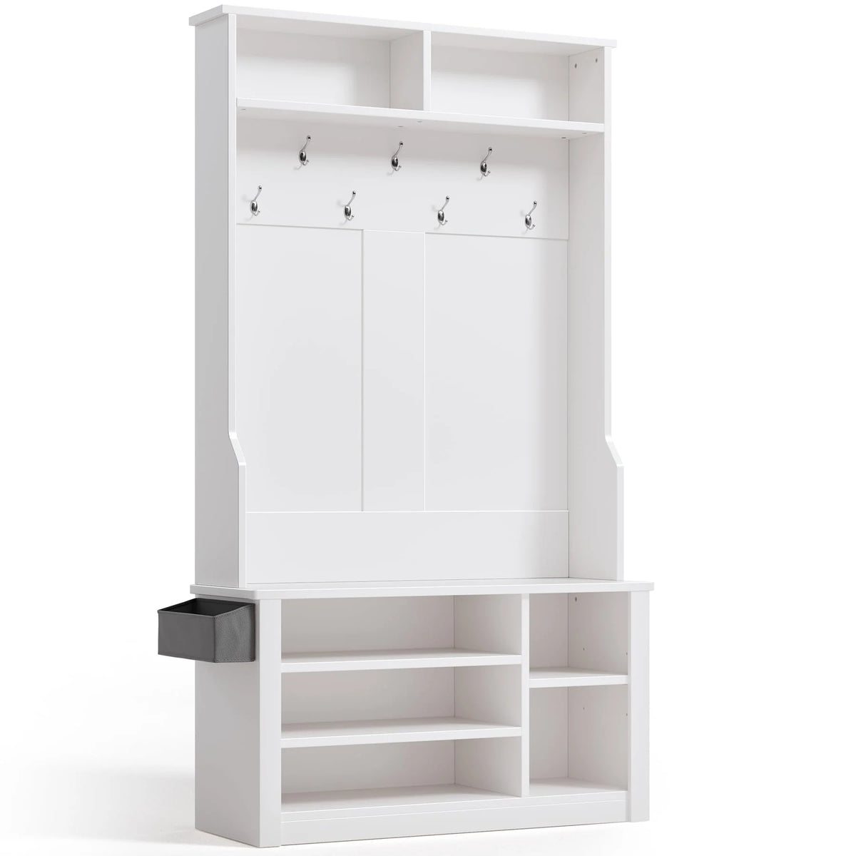 Lofka 5 - in - 1 Hall Tree with Bench and Shoe Storage, Entryway Hall Tree with Coat Rack, Adjustable Shoe Storage, 2 - Tier Top Storage, White