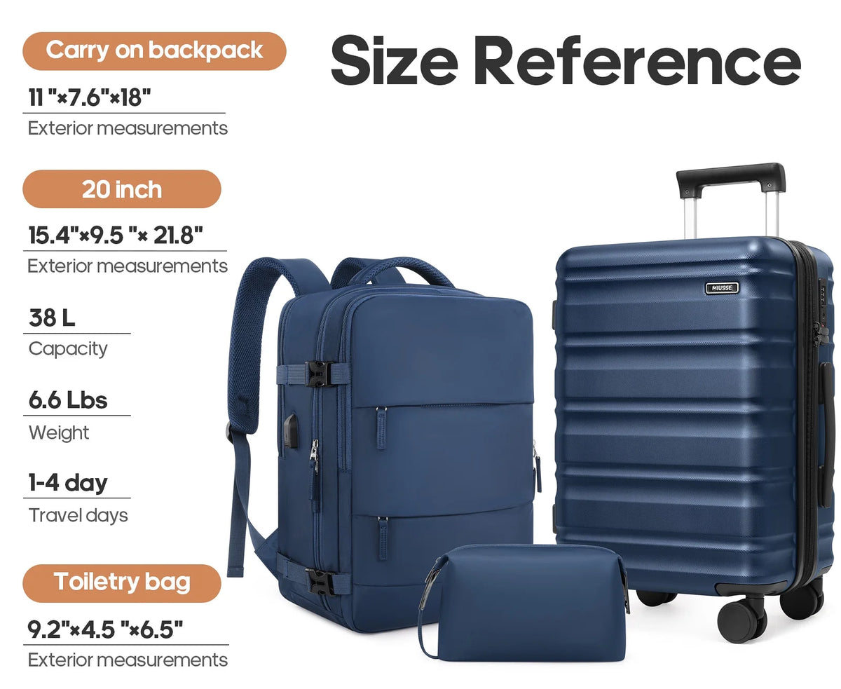 MIUSSE Luggage Sets 3 Piece, 20 in Carry on Luggage with Wheels, 100% PC Hardshell Suitcase with TSA Lock, Carry on Suitcases Airline Approved with Travel Backpack for Men Women