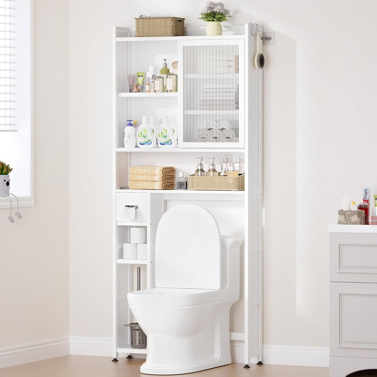 Over the Toilet Storage Cabinet with Acrylic Door Panel and Paper Towel Drawer, Bamboo Space Saver Shelf, Bathroom Organizer Rack Above WC (without Power Strip, White)