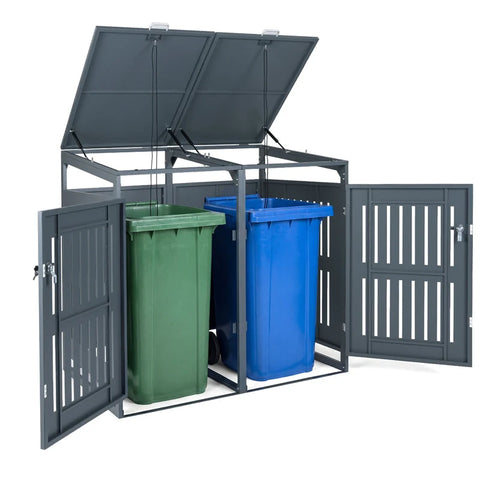 44 Cu.Ft Outdoor Trash Can Storage Shed for 2 Bins, Metal Garbage Can Organizer with Gas Struts, Shock Absorbers, Lockable Doors & Slant-Roof