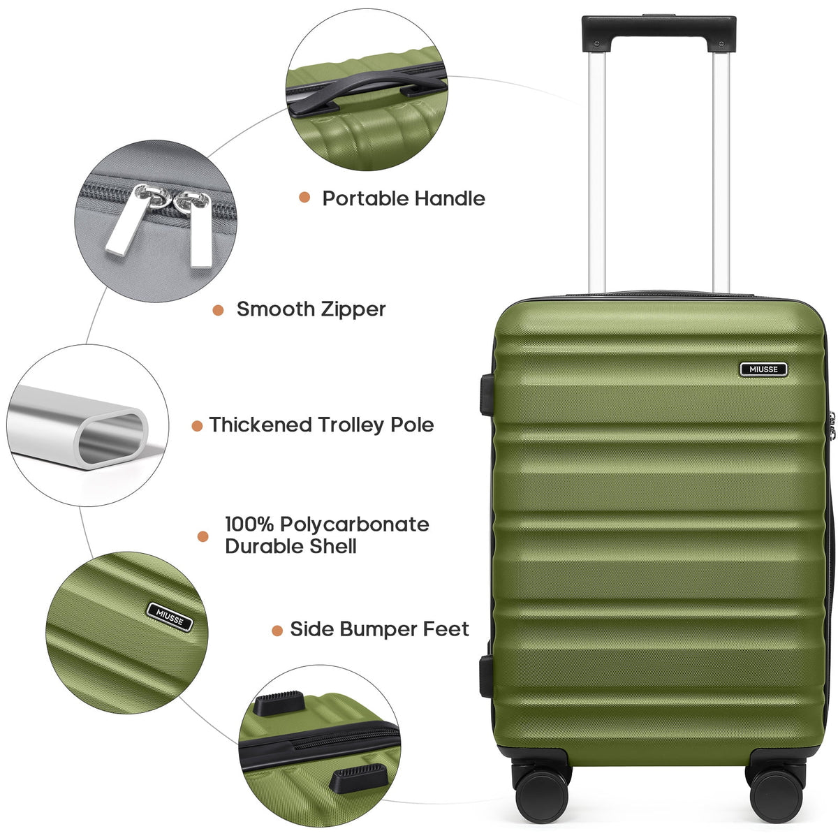 MIUSSE Luggage Sets 3 Piece, 20 in Carry on Luggage with Wheels, 100% PC Hardshell Suitcase with TSA Lock, Carry on Suitcases Airline Approved with Travel Backpack for Men Women