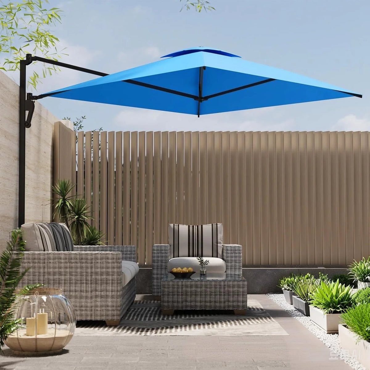 AECOJOY 10ft Cantilever Patio Umbrella, Large Rectangle Umbrella 180° Rotation Offset, Blue