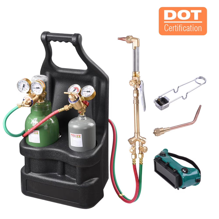 Yescom DOT Oxy Acetylene Torch Kit Gas Tank Brazing Welding Cutting Black Holder Gauge Portable Brass Nozzle Long Pipe Goggles Heavy Duty Oxygen