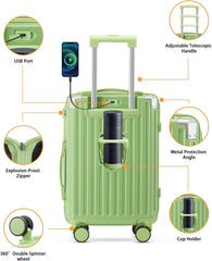 20 in Carry on Luggage with Cup Holder & USB Port, Airline Approved TSA - Locked Luggage, Lightweight PC Material Travel Suitcase