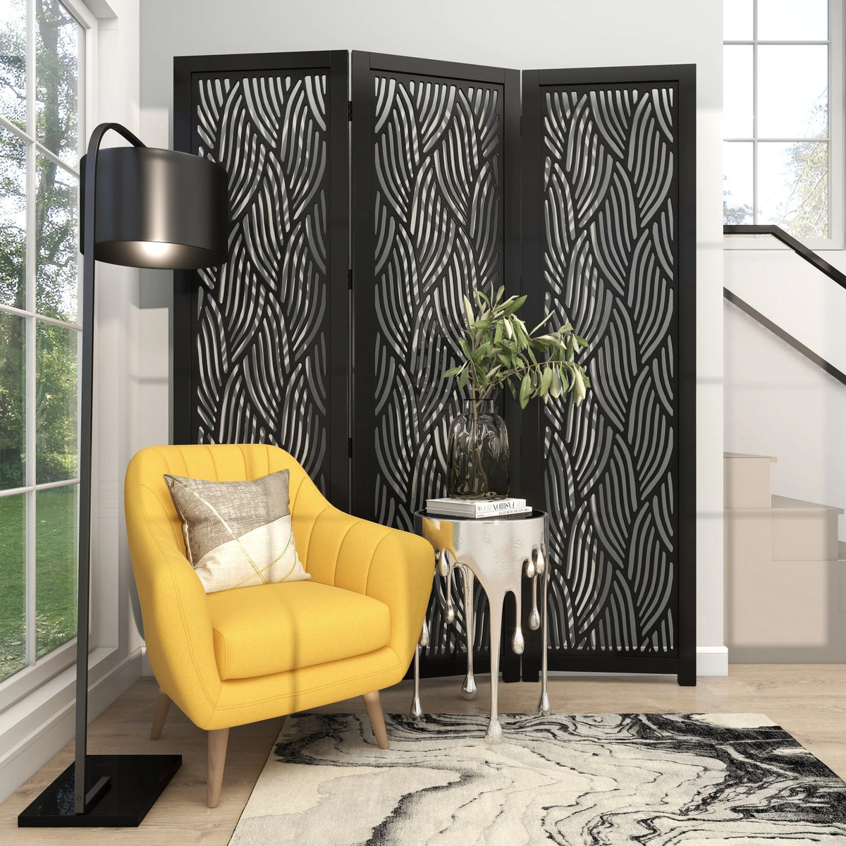 Decmode 60" x 72" Black Mango Wood Abstract Wavy Cutout 3 Panel Room Divider Screen, 1 - Piece