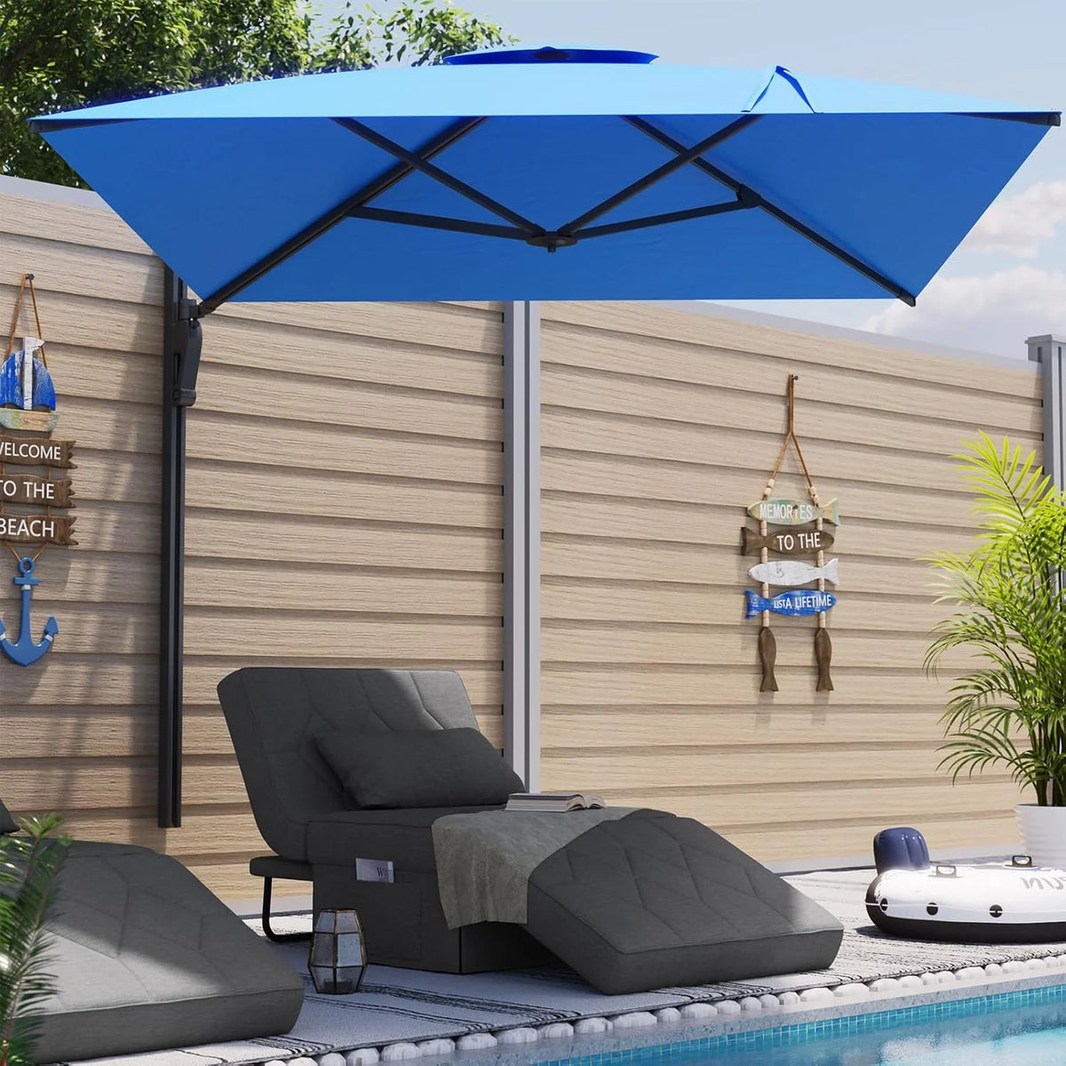 AECOJOY 10ft Cantilever Patio Umbrella, Large Rectangle Umbrella 180° Rotation Offset, Blue
