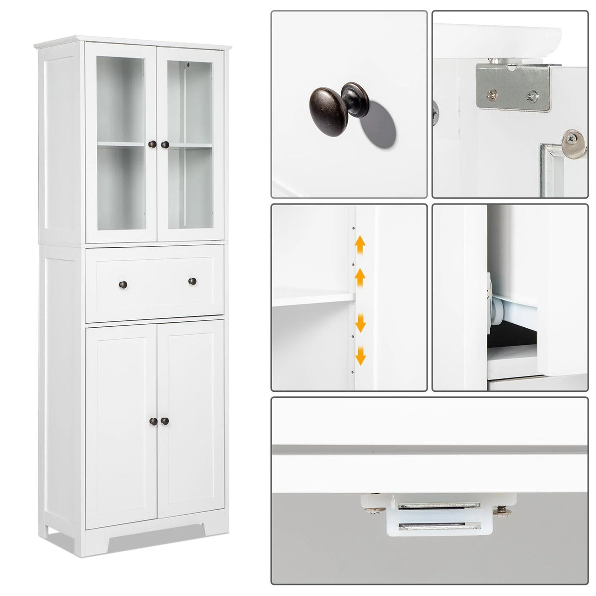 Ktaxon 64" Tall Bathroom Storage Cabinet Organizer, Freestanding Kitchen Pantry Cabinet Line Tower with 2 Glass Doors, Large Drawer & 4 Adjustable Shelves for Dining Room Living Room Home Office, White