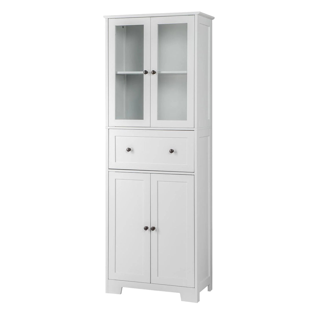 Ktaxon 64" Tall Bathroom Storage Cabinet Organizer, Freestanding Kitchen Pantry Cabinet Line Tower with 2 Glass Doors, Large Drawer & 4 Adjustable Shelves for Dining Room Living Room Home Office, White