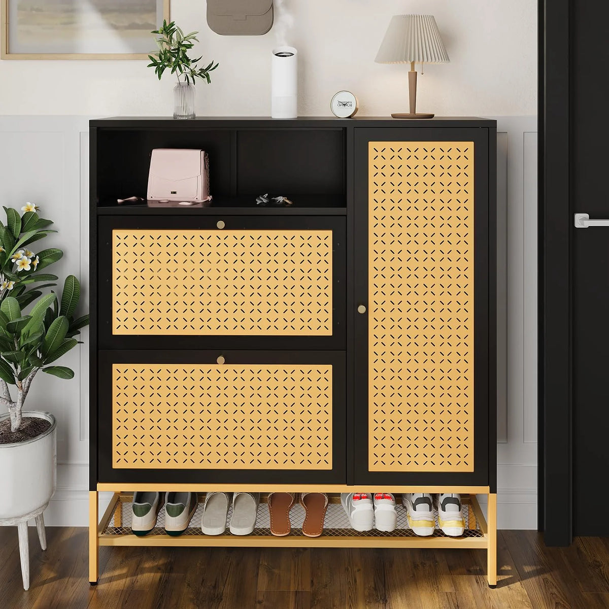 AECOJOY Shoe Storage Cabinet with 2 Flip Drawers - Hidden Shoe Organizer for Entryway, Metal Shoe Rack with Door & Open Storage
