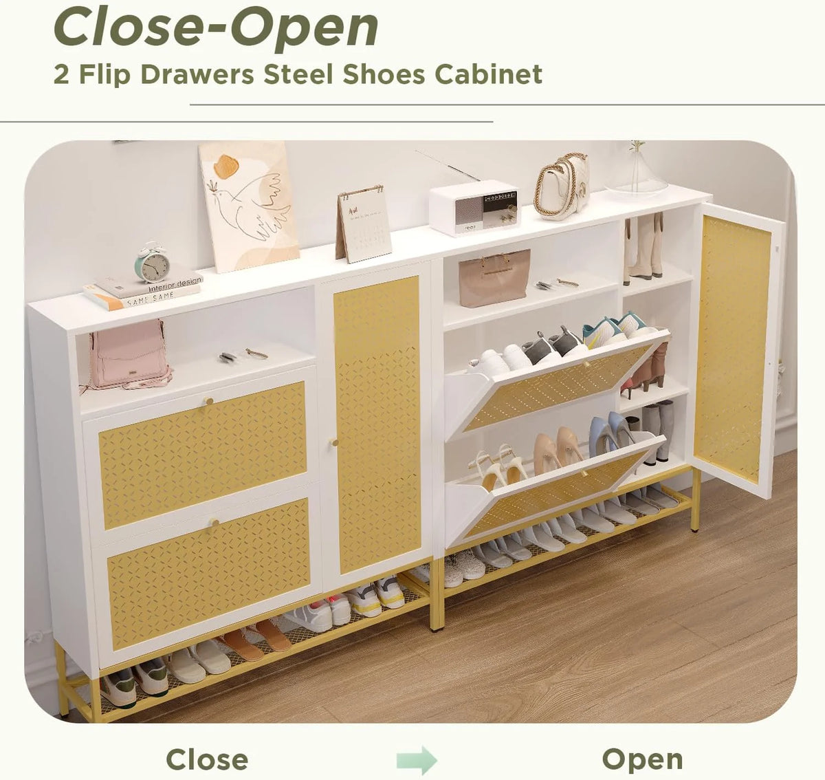 AECOJOY Shoe Storage Cabinet with 2 Flip Drawers - Hidden Shoe Organizer for Entryway, Metal Shoe Rack with Door & Open Storage