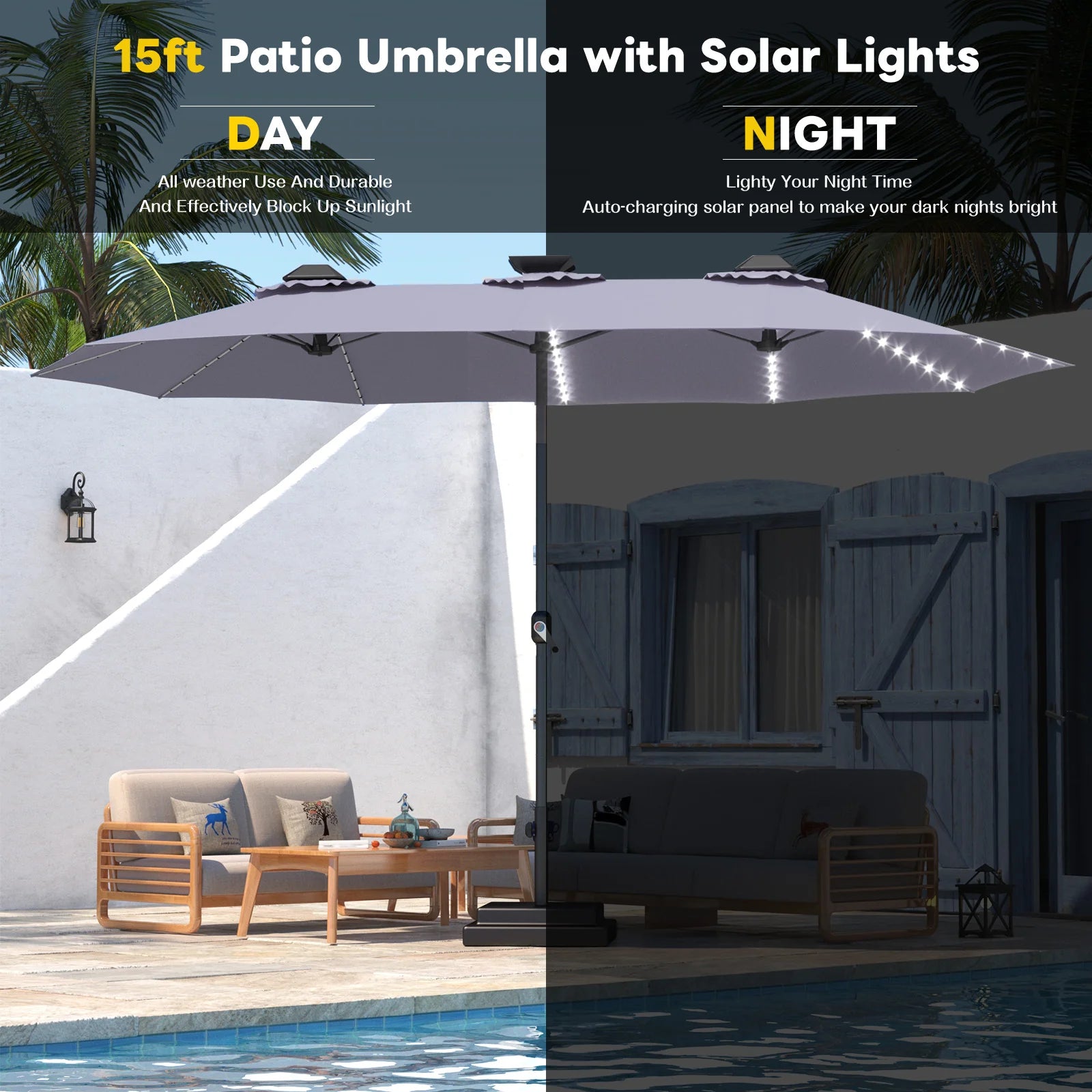 AECOJOY 15ft Patio Double-Sided Umbrella, 156 PCS Solar LED Light Outdoor Large Umbrella, Dark Grey