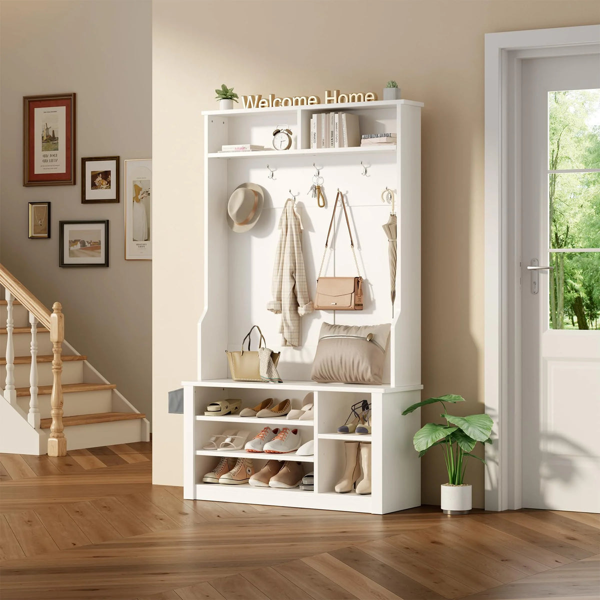 Lofka 5 - in - 1 Hall Tree with Bench and Shoe Storage, Entryway Hall Tree with Coat Rack, Adjustable Shoe Storage, 2 - Tier Top Storage, White