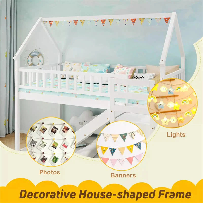 Twin Over Twin Bunk Bed House Design with Slide, Staircases & Storage Compartments, No Box Spring Needed, Wood Twin Floor Bed for Kids Teens