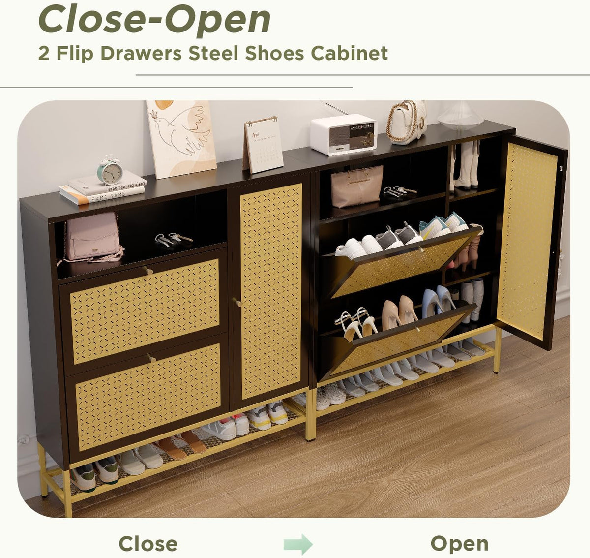 AECOJOY Shoe Storage Cabinet with 2 Flip Drawers - Hidden Shoe Organizer for Entryway, Metal Shoe Rack with Door & Open Storage