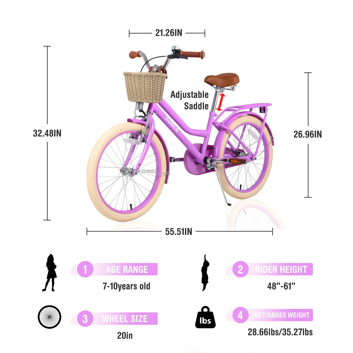 20" Kids Bike Girls Bike with Basket Single Speed Steel Frame Children Bicycle for 7 - 10 Years, Pink