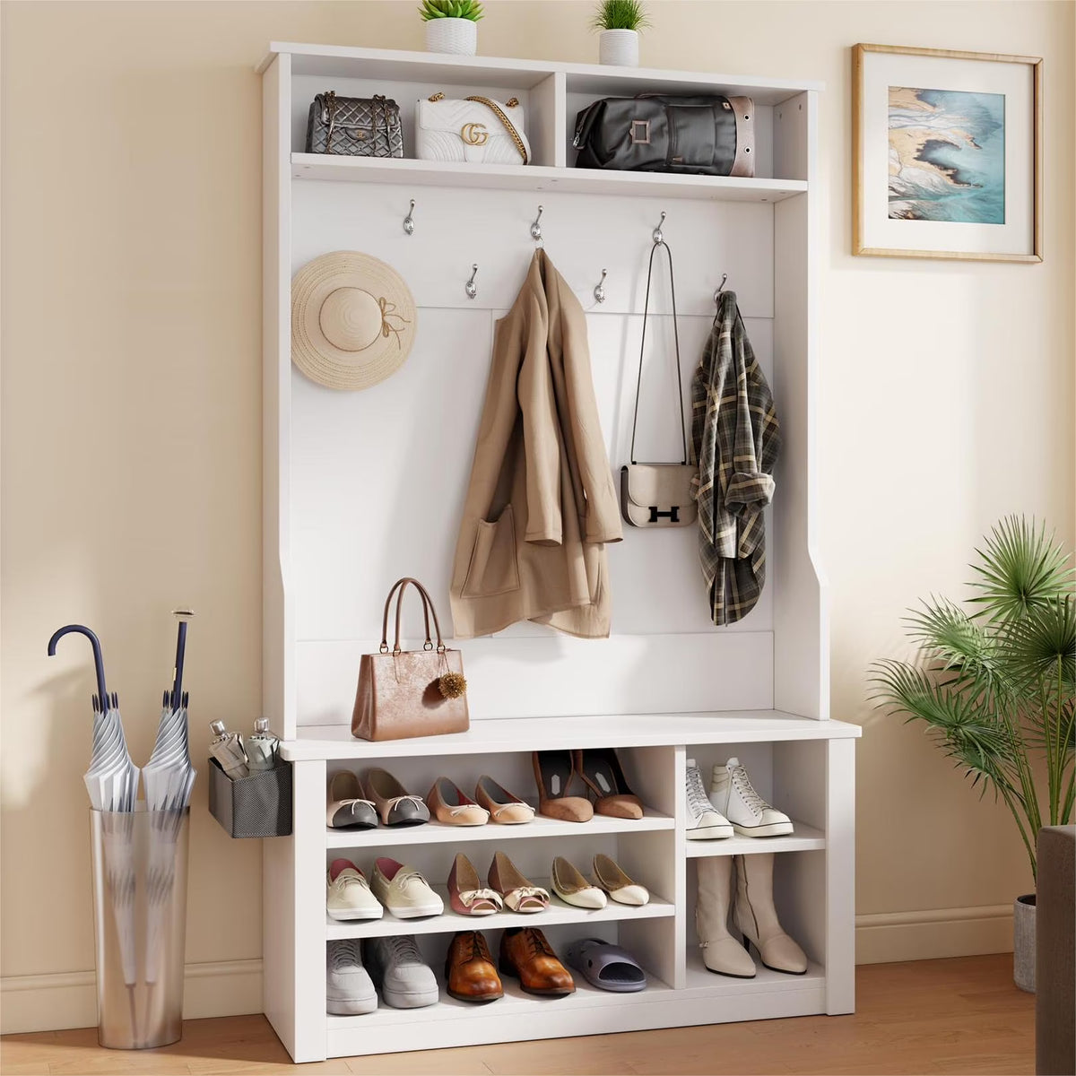 Lofka 5 - in - 1 Hall Tree with Bench and Shoe Storage, Entryway Hall Tree with Coat Rack, Adjustable Shoe Storage, 2 - Tier Top Storage, White