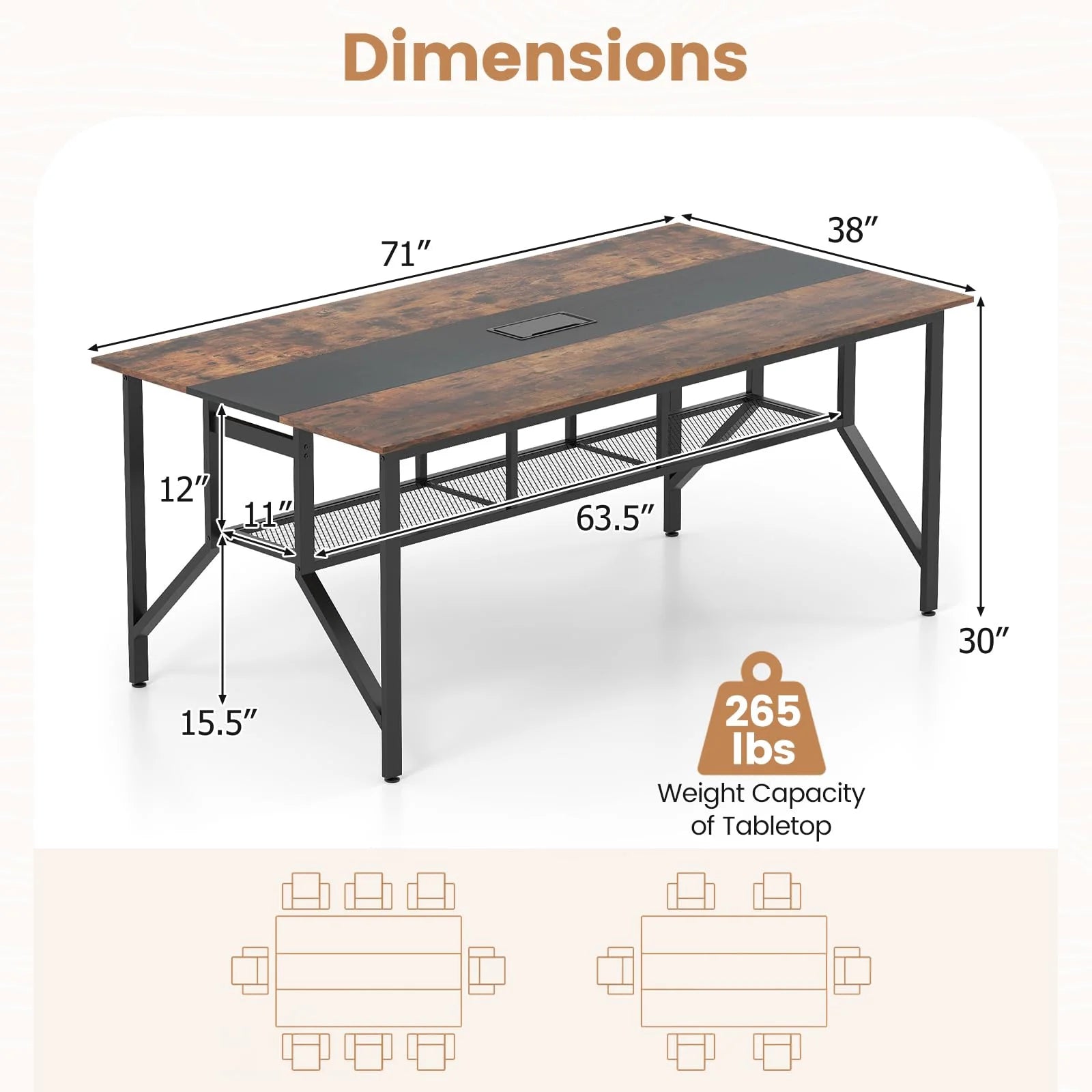 Tangkula  Rectangular Meeting Table with Mesh Storage Shelf & Cable Grommet for 6-8 People