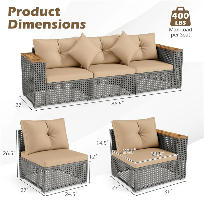 86.5" 3-Seat Patio Wicker Sofa, 3PCS Modular PE Rattan Sectional Furniture Set with Cup Holders & Wood Armrests, Outdoor Couch for Garden Yard