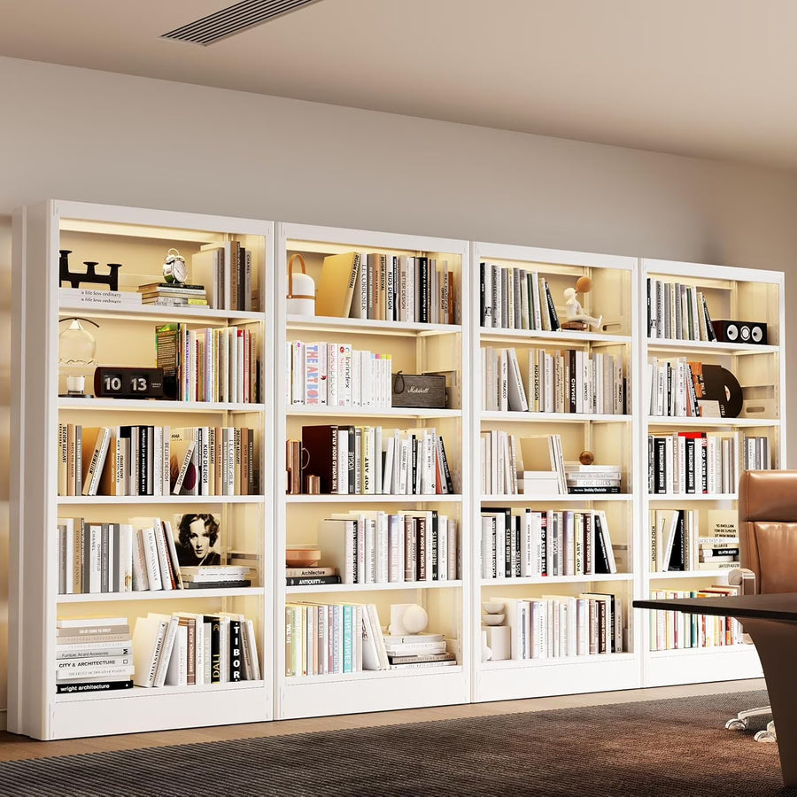 5 Tier White Metal Bookshelf, 71" H Bookcase with Adjustable Shelves, Heavy Duty Storage Bookshelves Tall Bookcase for Library, Office, Bedroom, Living Room, Classroom, Including Book Stopper(White)