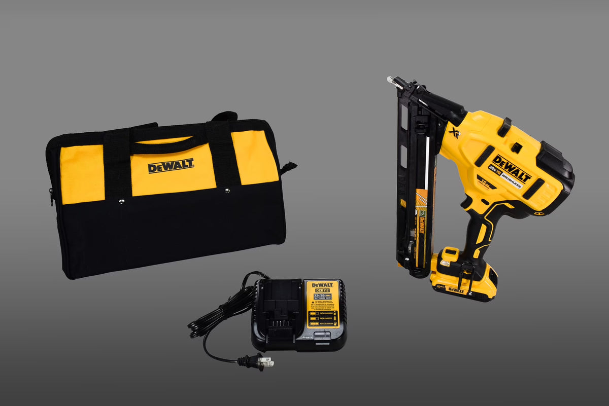 DEWALT 20V MAX Finish Nailer Kit, Angled, 15GA, Battery, Charger & Bag (DCN650D1)
