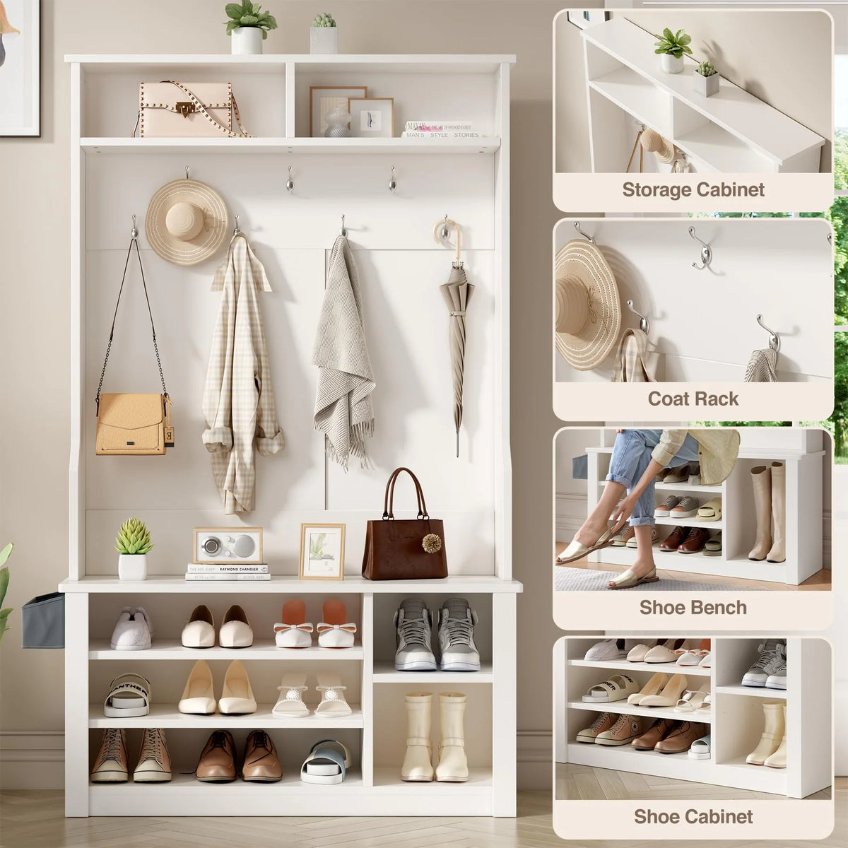 Lofka 5 - in - 1 Hall Tree with Bench and Shoe Storage, Entryway Hall Tree with Coat Rack, Adjustable Shoe Storage, 2 - Tier Top Storage, White