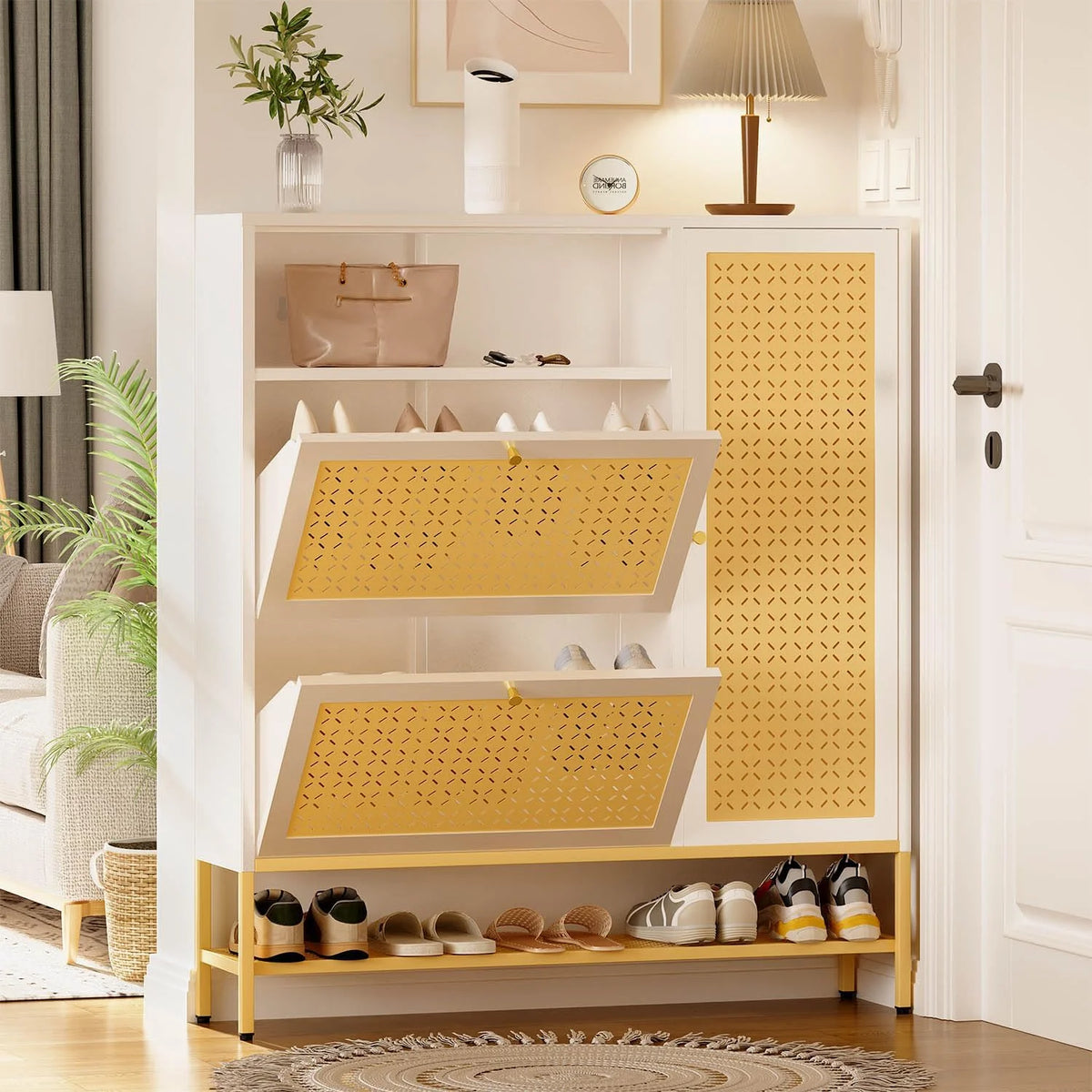 AECOJOY Shoe Storage Cabinet with 2 Flip Drawers - Hidden Shoe Organizer for Entryway, Metal Shoe Rack with Door & Open Storage