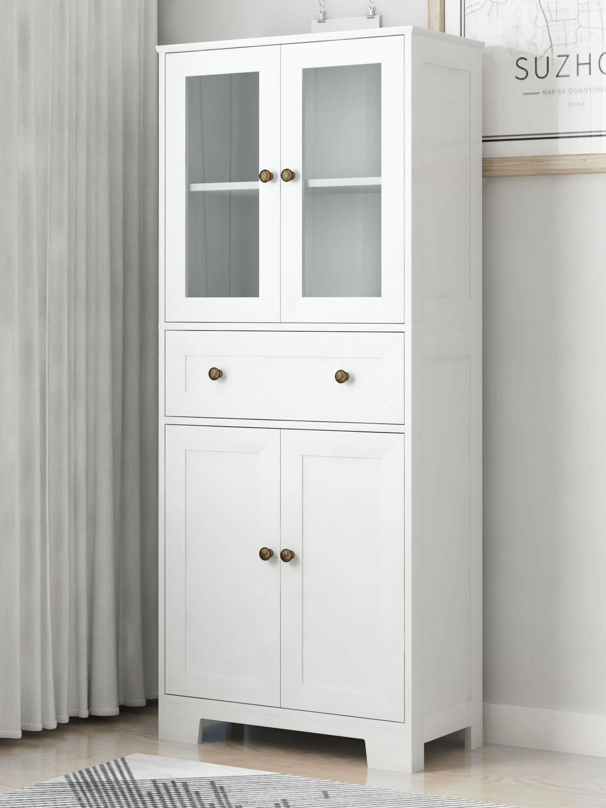 Ktaxon 64" Tall Bathroom Storage Cabinet Organizer, Freestanding Kitchen Pantry Cabinet Line Tower with 2 Glass Doors, Large Drawer & 4 Adjustable Shelves for Dining Room Living Room Home Office, White
