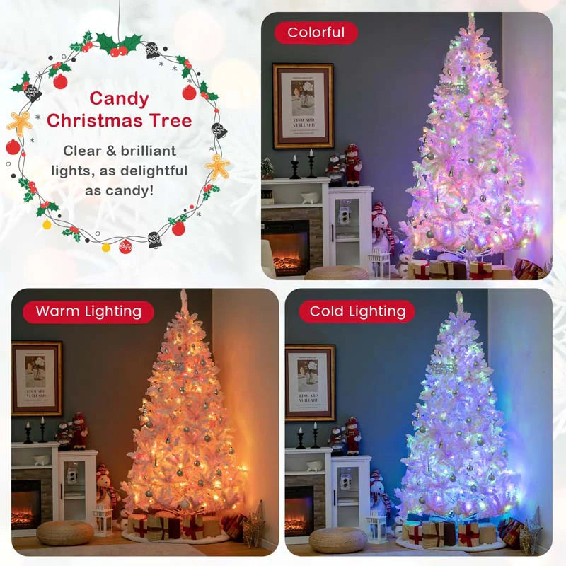 7 FT Pre-lit Pink Artificial Christmas Tree, Hinged Snow Flocked Holiday Tree with 1200 Tips, 500 Multi-Color LED Lights & 8 Modes for Home Decor