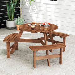 6-Person Round Wood Picnic Table Set with 3 Built-in Benches & 2" Umbrella Hole, Holds 1850 LBS, Outdoor Dining Table & Bench for Patio Garden