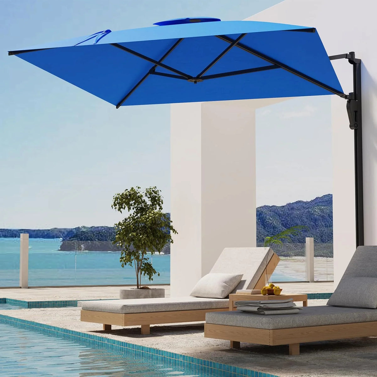 AECOJOY 10ft Cantilever Patio Umbrella, Large Rectangle Umbrella 180° Rotation Offset, Blue