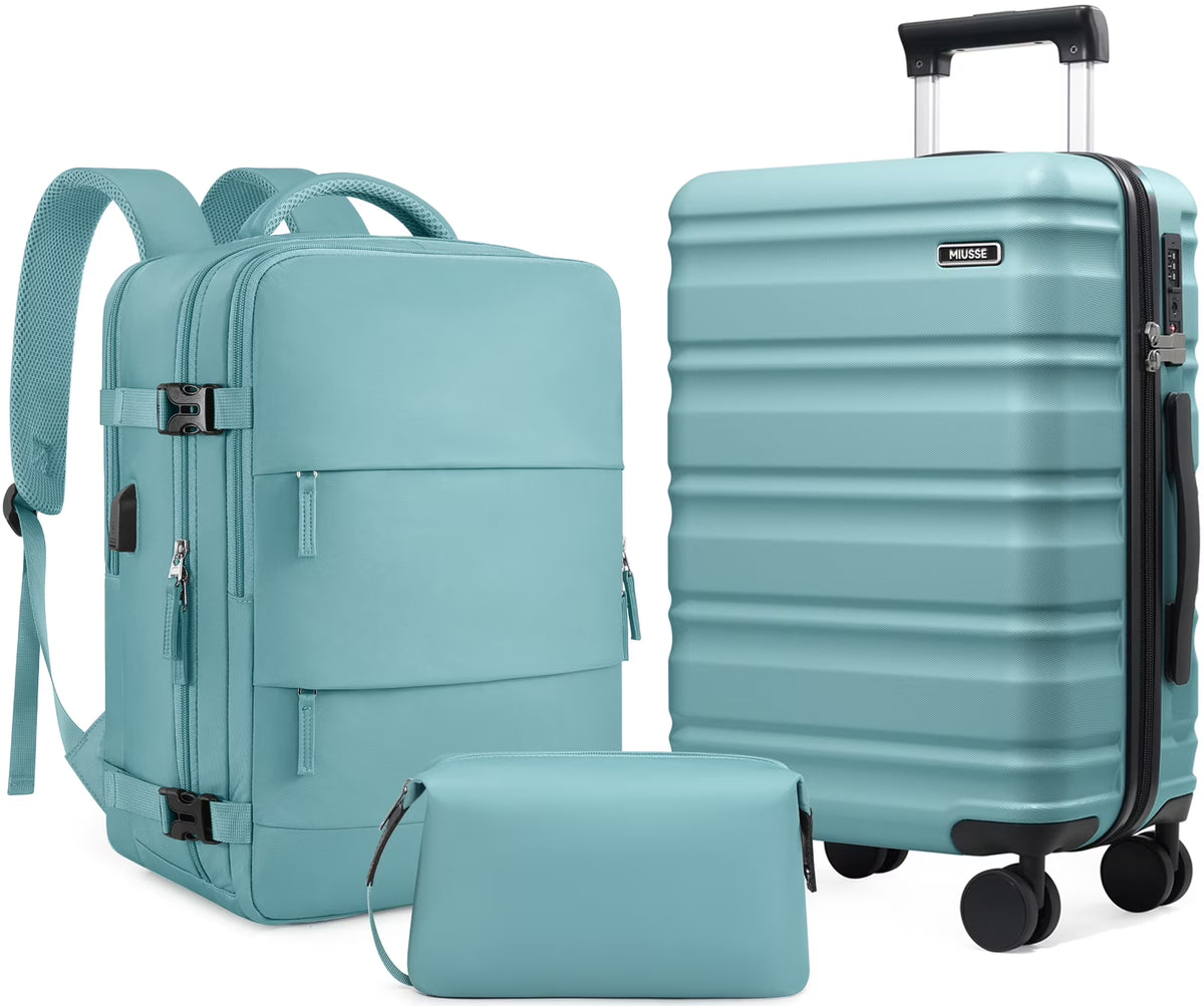 MIUSSE Luggage Sets 3 Piece, 20 in Carry on Luggage with Wheels, 100% PC Hardshell Suitcase with TSA Lock, Carry on Suitcases Airline Approved with Travel Backpack for Men Women