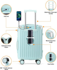 20 in Carry on Luggage with Cup Holder & USB Port, Airline Approved TSA - Locked Luggage, Lightweight PC Material Travel Suitcase