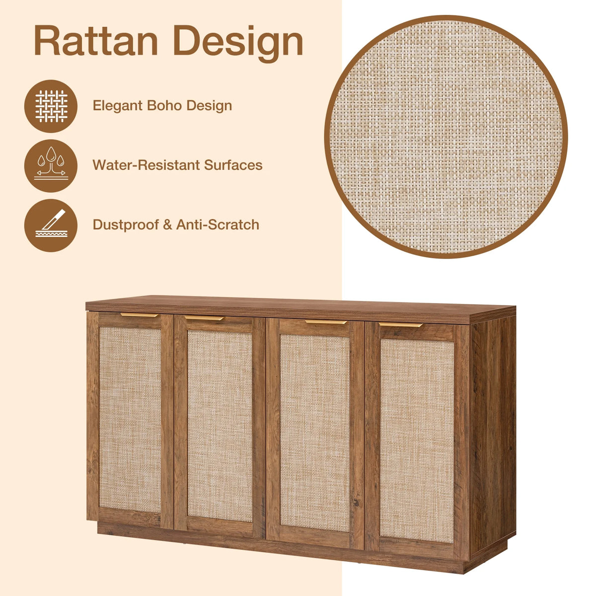 Hommpa Sideboard Buffet Cabinet Rattan Kitchen Storage Organizer with 5 - Position Adjustable Shelf & 2 Doors Boho Farmhouse Accent Cabinets TV Console for Living Dining Room Coffee Bar