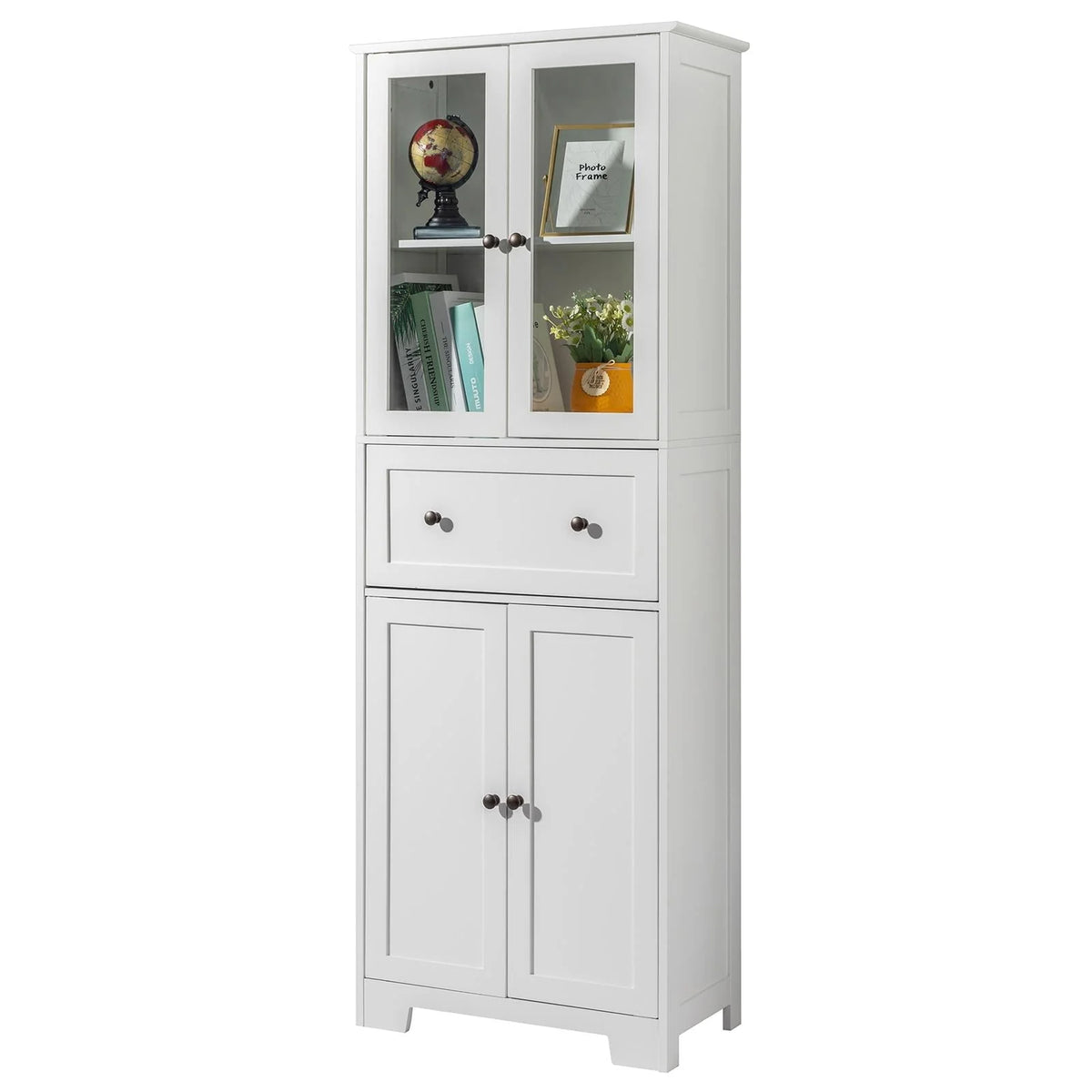 Ktaxon 64" Tall Bathroom Storage Cabinet Organizer, Freestanding Kitchen Pantry Cabinet Line Tower with 2 Glass Doors, Large Drawer & 4 Adjustable Shelves for Dining Room Living Room Home Office, White