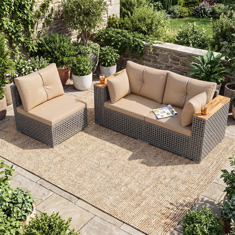 86.5" 3-Seat Patio Wicker Sofa, 3PCS Modular PE Rattan Sectional Furniture Set with Cup Holders & Wood Armrests, Outdoor Couch for Garden Yard